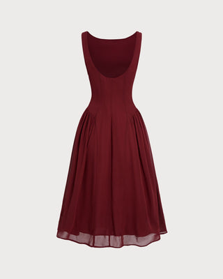 Vestido Midi Sin Mangas de Chiffon Rojo Vino