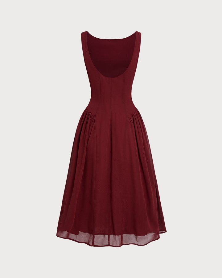 Vestido Midi Sin Mangas de Chiffon Rojo Vino