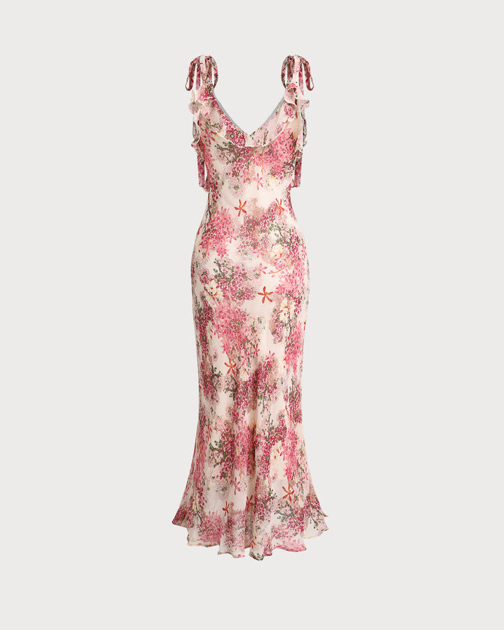 Vestido Midi con Volantes y Tirantes de Flores Rosadas