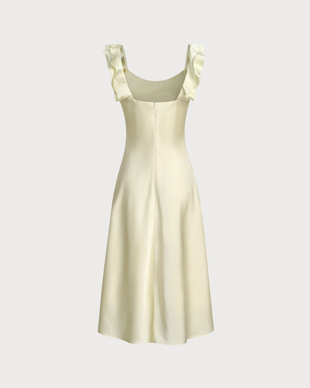 Vestido Midi de Satén con Cuello Cuadrado y Volantes Amarillo