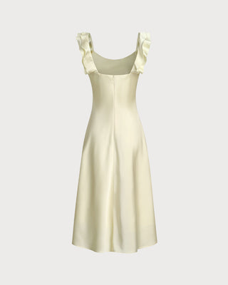 Vestido Midi de Satén con Cuello Cuadrado y Volantes Amarillo