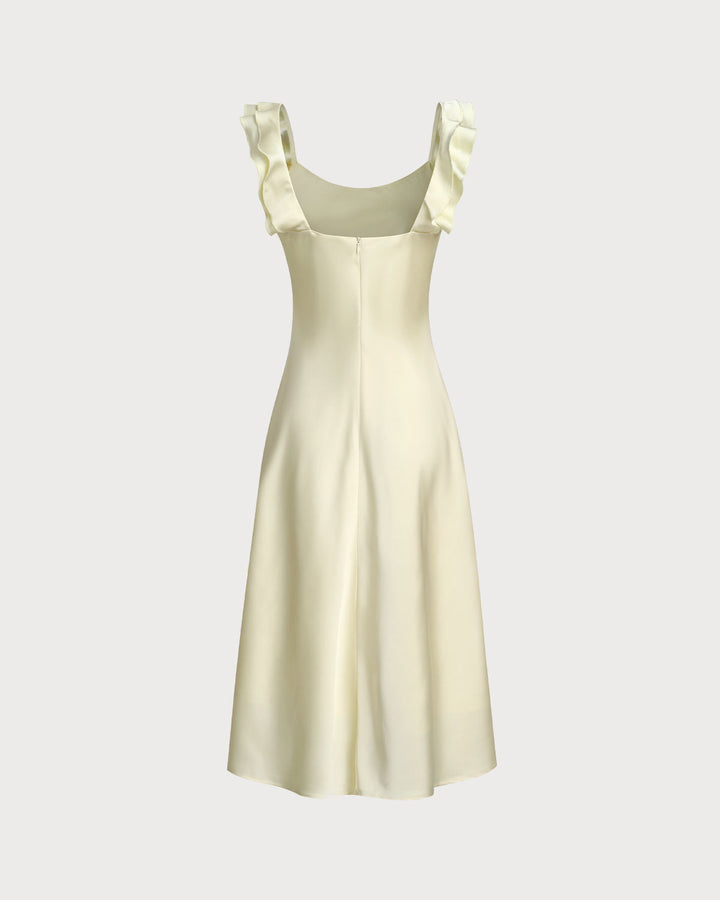 Vestido Midi de Satén con Cuello Cuadrado y Volantes Amarillo