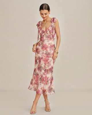 Vestido Midi con Volantes y Tirantes de Flores Rosadas