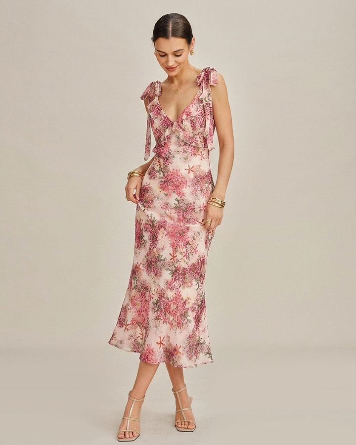 Vestido Midi con Volantes y Tirantes de Flores Rosadas