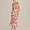 Vestido Midi con Volantes y Tirantes de Flores Rosadas