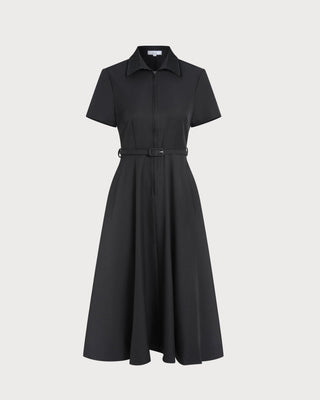 Vestido Midi A-Line Negro con Cinturón