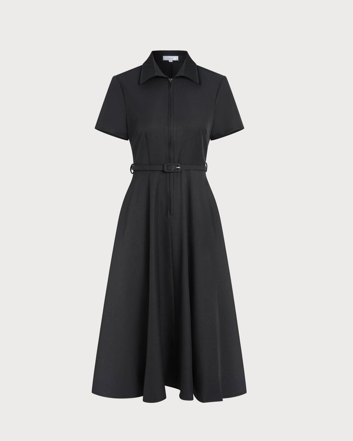 Vestido Midi A-Line Negro con Cinturón