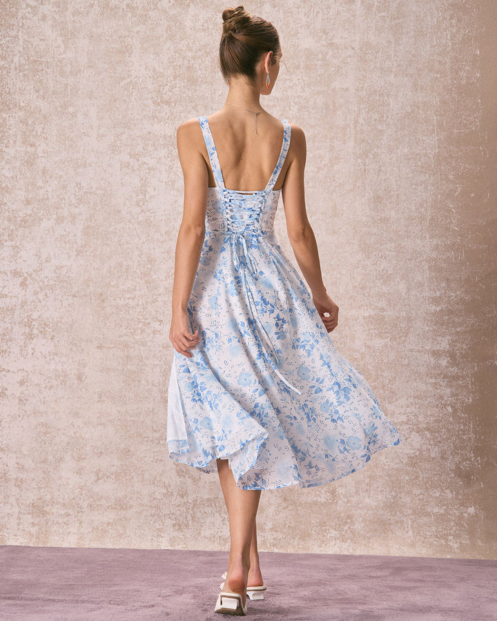 El Vestido Midi Floral con Escote Cuadrado Azul
