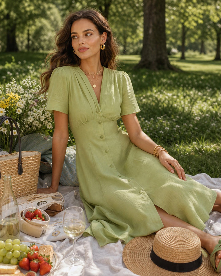 Vestido Midi A-Line Verde con Cuello en V y Botones