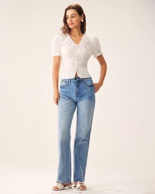 Blusa Blanca Floral con Mangas Abullonadas