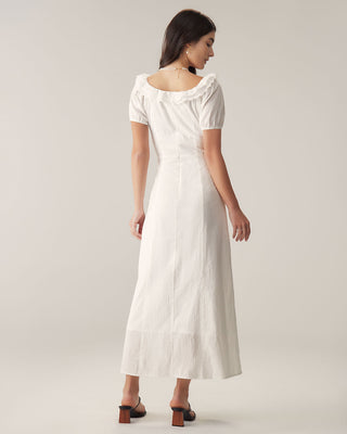 Vestido Maxi de Manga Abullonada con Bordado Blanco