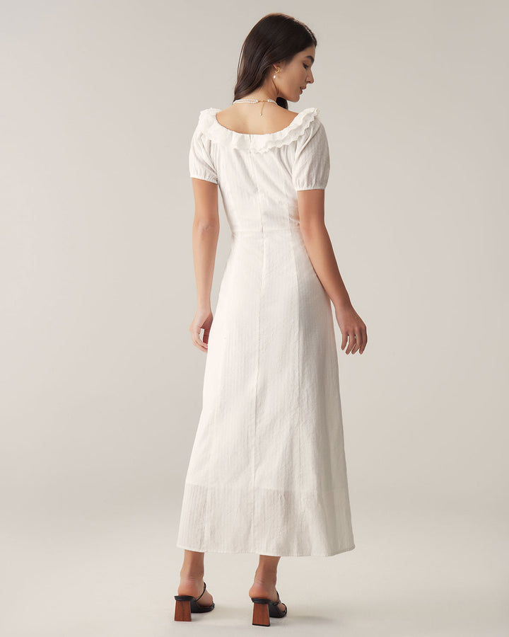 Vestido Maxi de Manga Abullonada con Bordado Blanco