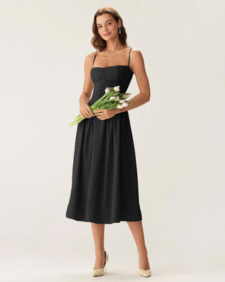 Vestido Midi Deslizante Negro con Cuello Cuadrado y Bolsillos