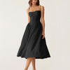 Vestido Midi Deslizante Negro con Cuello Cuadrado y Bolsillos