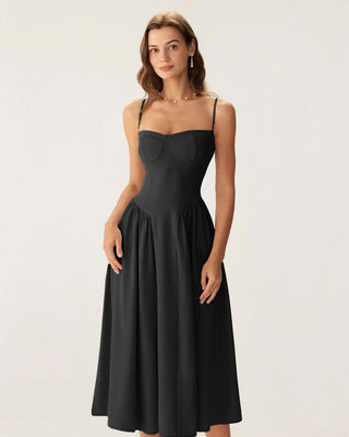 Vestido Midi Deslizante Negro con Cuello Cuadrado y Bolsillos