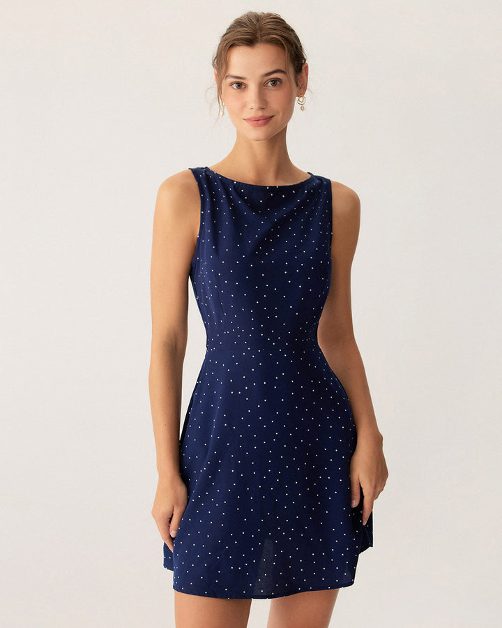 Vestido Mini Sin Mangas de Corte con Lunares Azules