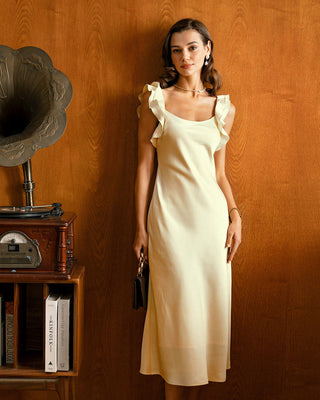 Vestido Midi de Satén con Cuello Cuadrado y Volantes Amarillo