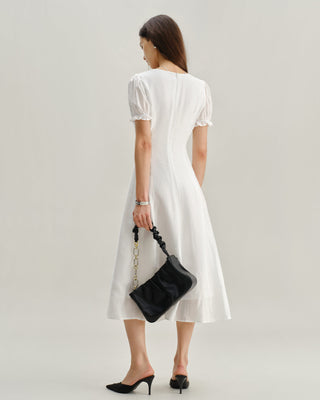 Vestido Midi de Cuello en V con Mangas Abullonadas Blancas
