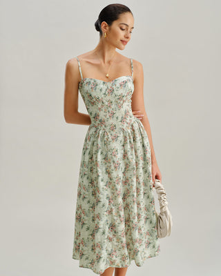 Vestido Midi de Tirantes con Escote Corazón y Pliegues en Verde Floral