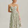 Vestido Midi de Tirantes con Escote Corazón y Pliegues en Verde Floral