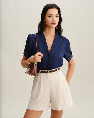Blusa de Botón de Satén Marino