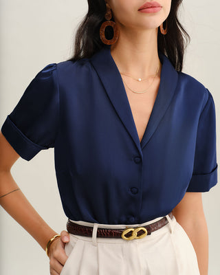 Blusa de Botón de Satén Marino