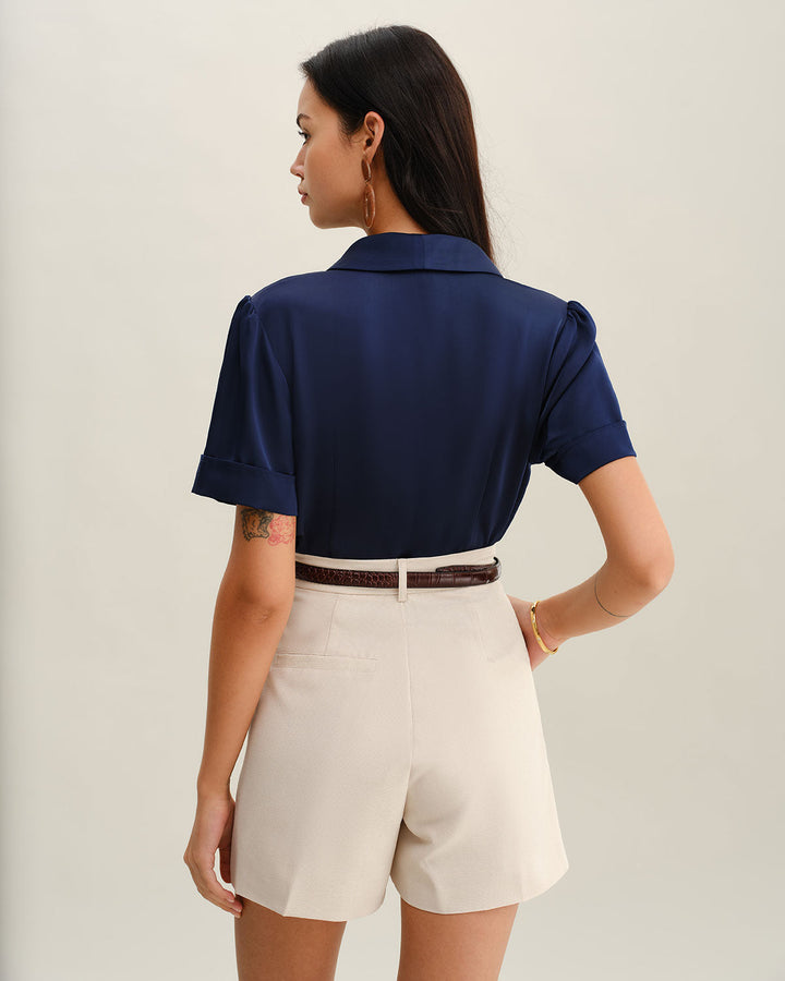 Blusa de Botón de Satén Marino