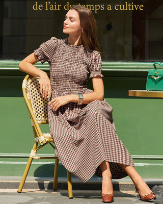 Vestido Midi de Manga Abullonada a Rayas de Café