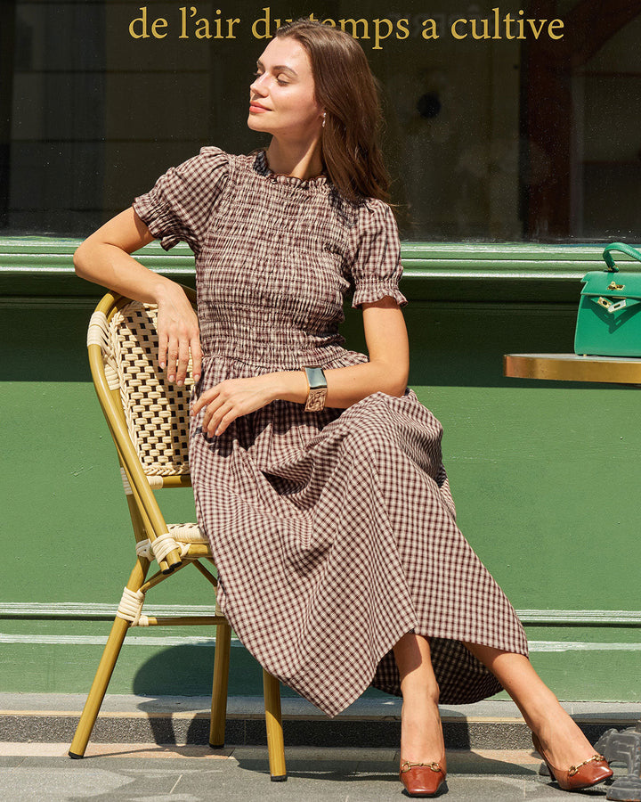 Vestido Midi de Manga Abullonada a Rayas de Café