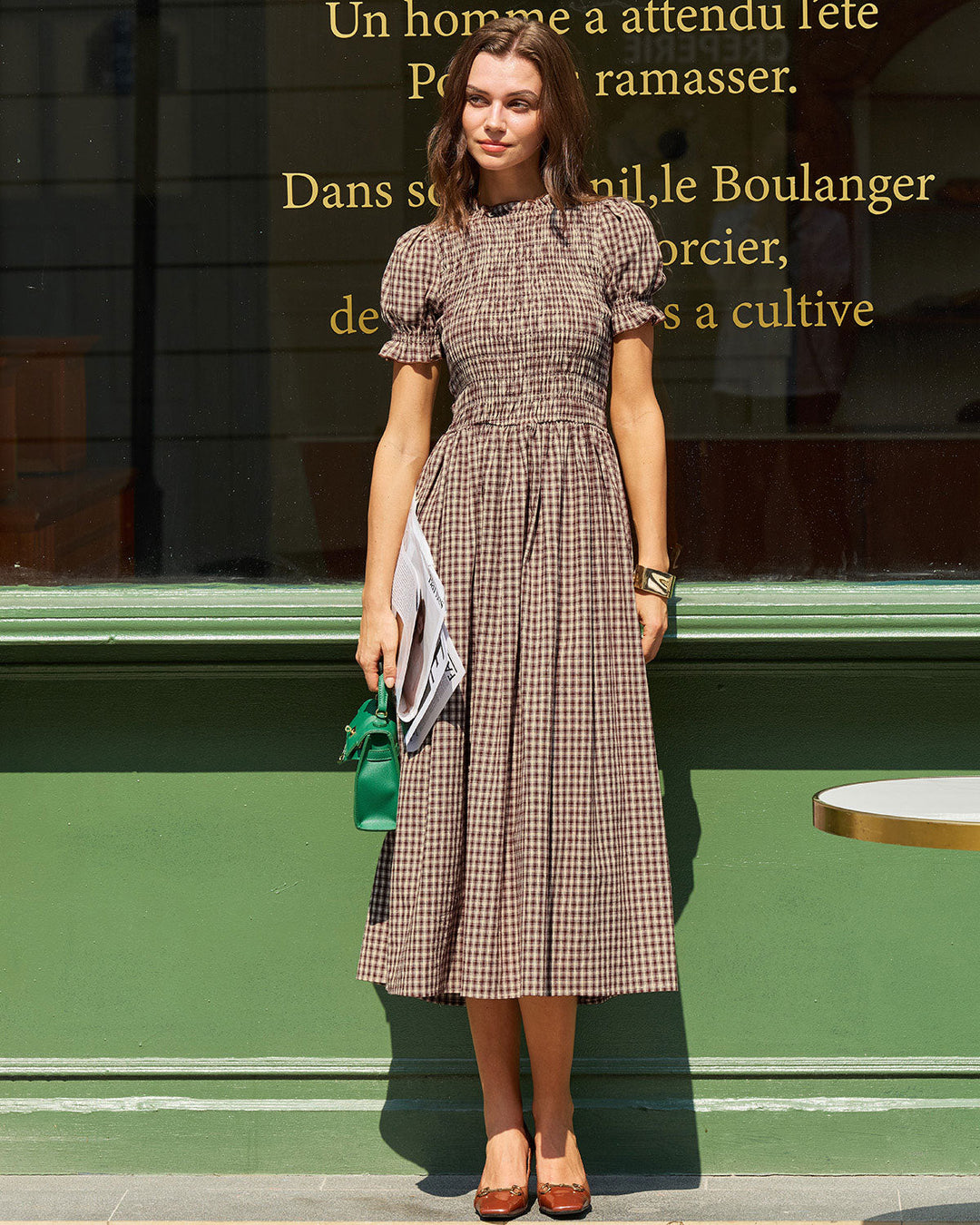 Vestido Midi de Manga Abullonada a Rayas de Café