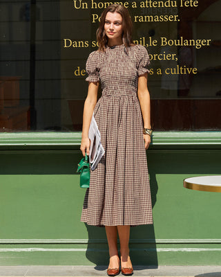 Vestido Midi de Manga Abullonada a Rayas de Café