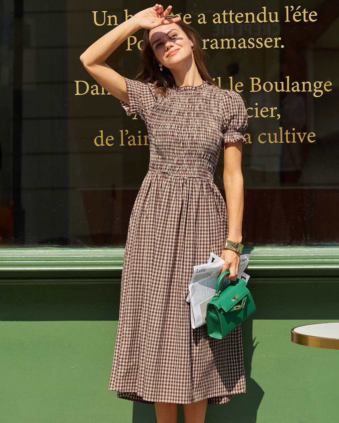 Vestido Midi de Manga Abullonada a Rayas de Café