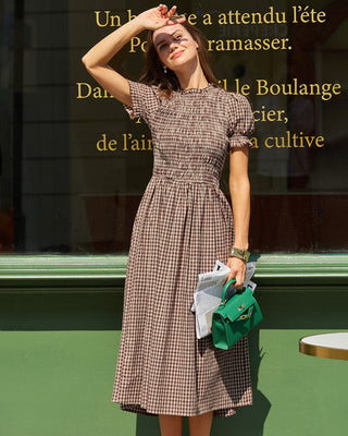 Vestido Midi de Manga Abullonada a Rayas de Café
