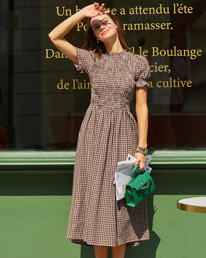 Vestido Midi de Manga Abullonada a Rayas de Café