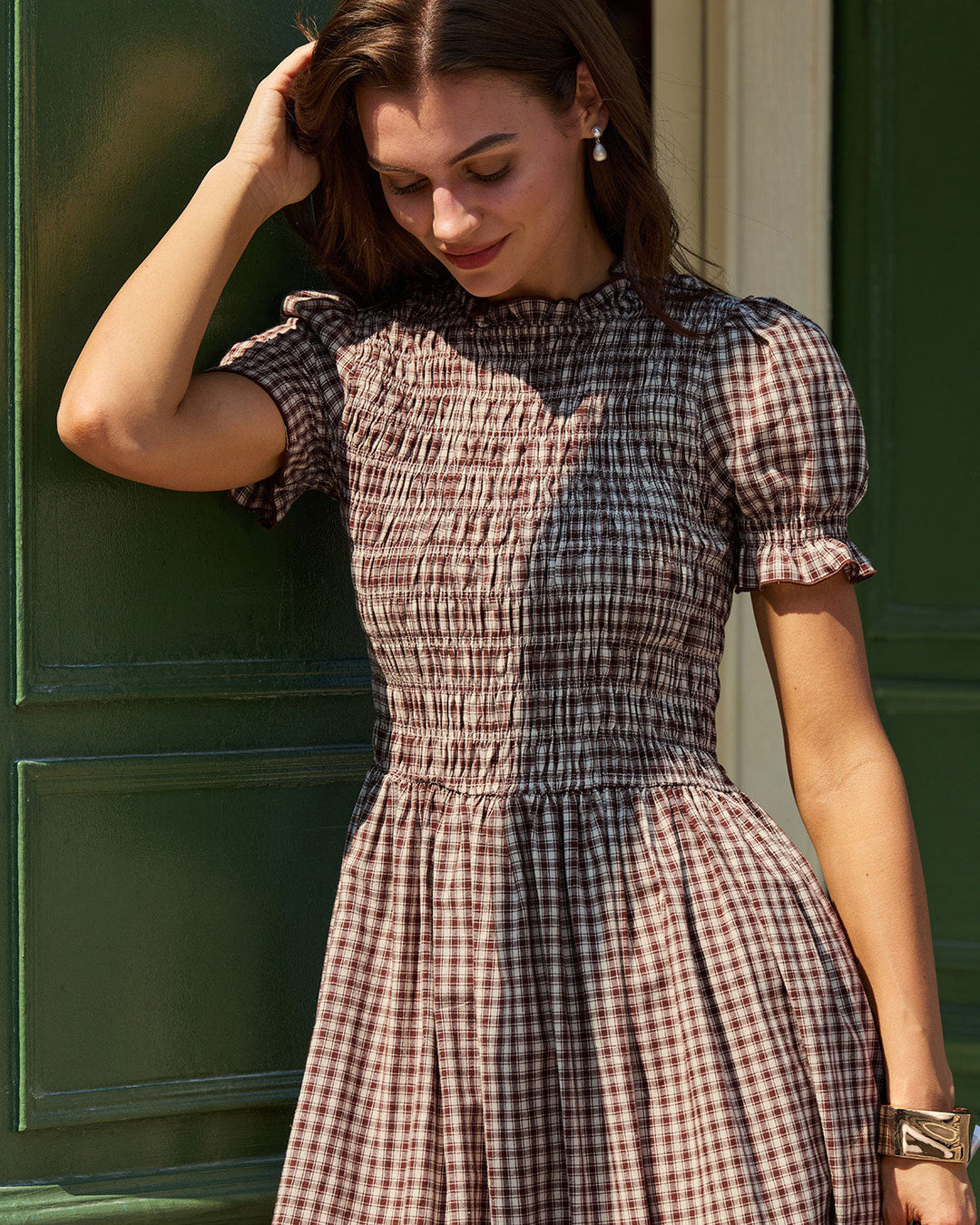 Vestido Midi de Manga Abullonada a Rayas de Café