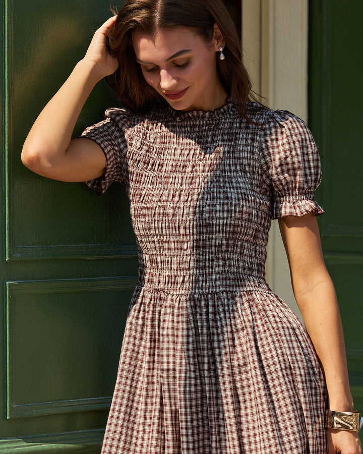Vestido Midi de Manga Abullonada a Rayas de Café