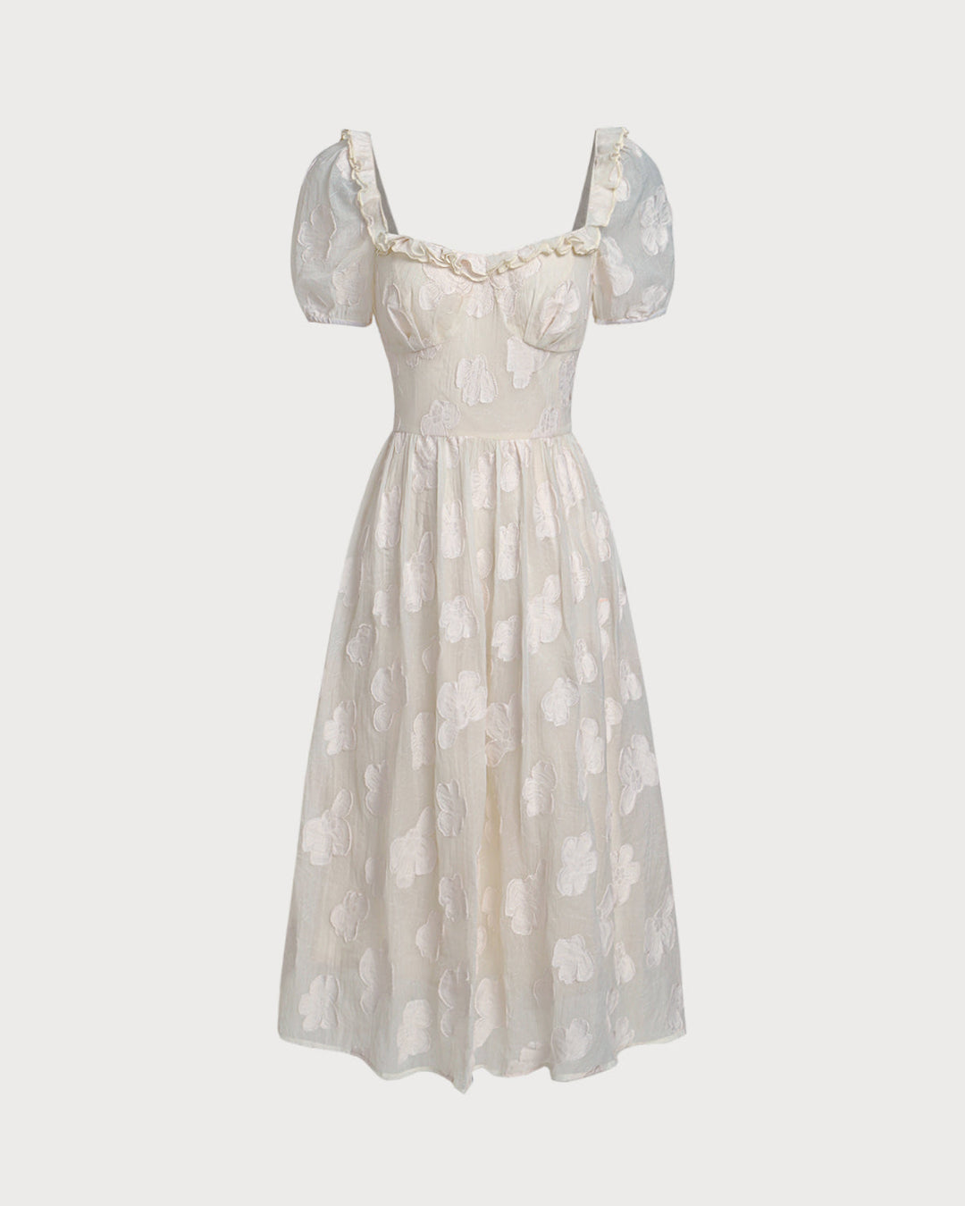 Vestido Midi de Manga Abullonada con Escote Cuadrado Beige