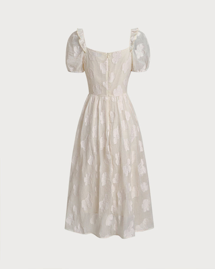 Vestido Midi de Manga Abullonada con Escote Cuadrado Beige