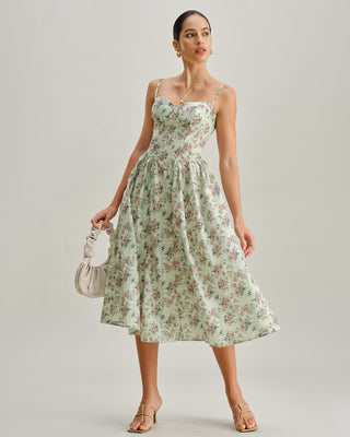 Vestido Midi de Tirantes con Escote Corazón y Pliegues en Verde Floral