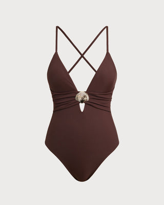 Traje de Baño de Una Pieza Marrón con Corte