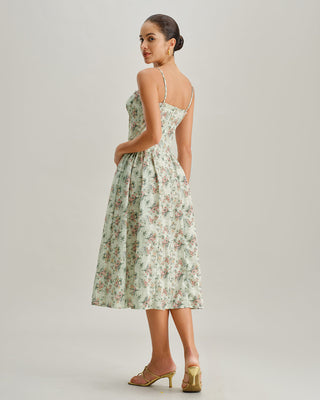Vestido Midi de Tirantes con Escote Corazón y Pliegues en Verde Floral