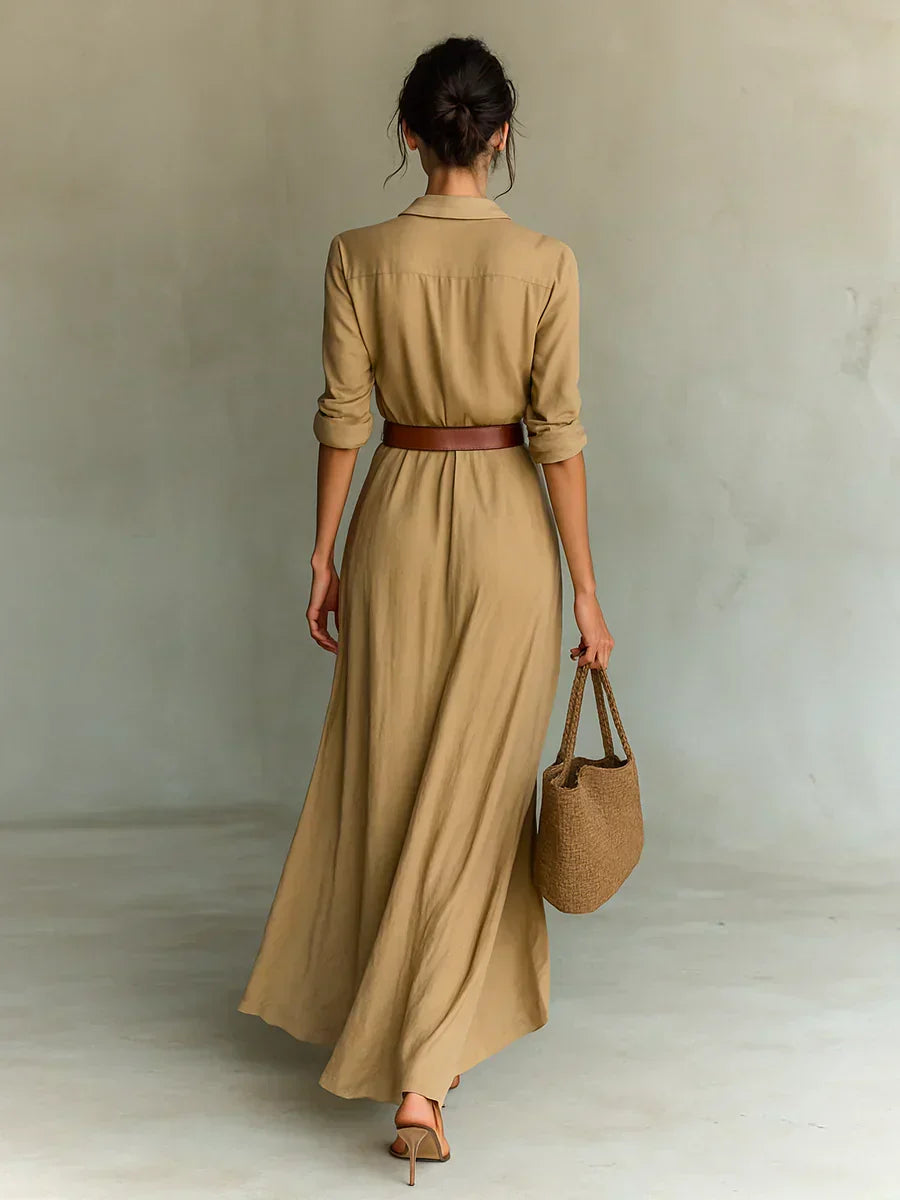Camille™ | Maxi Vestido con Solapa y Cintura en la Cintura