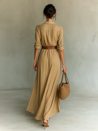 Camille™ | Maxi Vestido con Solapa y Cintura en la Cintura