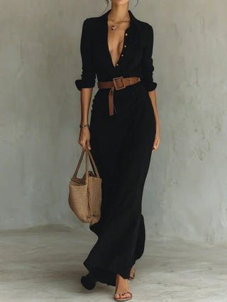 Camille™ | Maxi Vestido con Solapa y Cintura en la Cintura