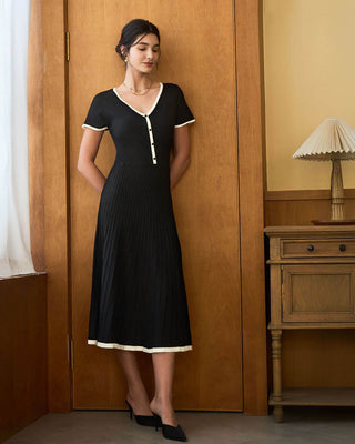 Vestido Midi de Suéter Negro Contrastante