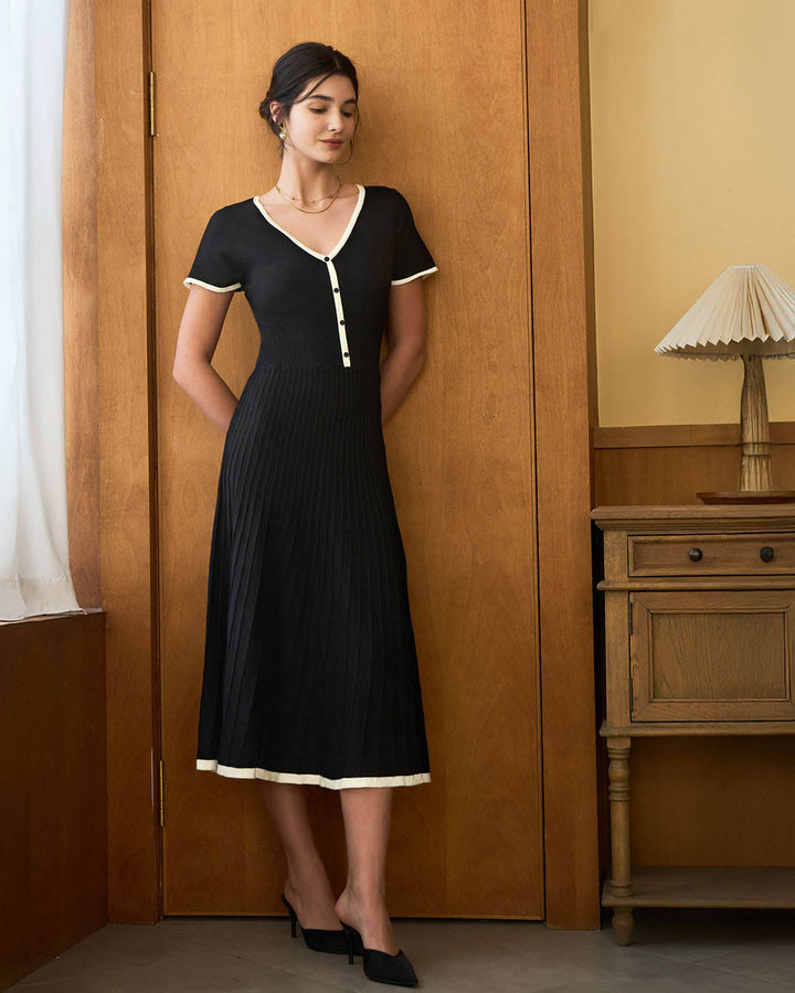 Vestido Midi de Suéter Negro Contrastante