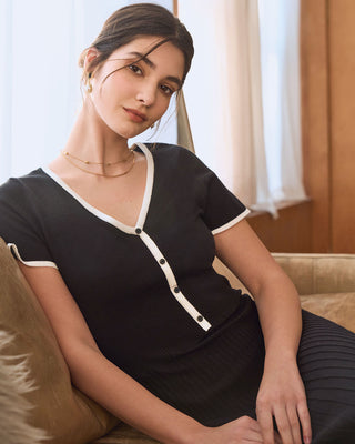 Vestido Midi de Suéter Negro Contrastante
