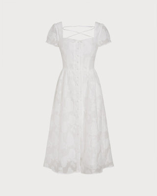 Vestido Midi Blanco con Escote Cuadrado y Cruce