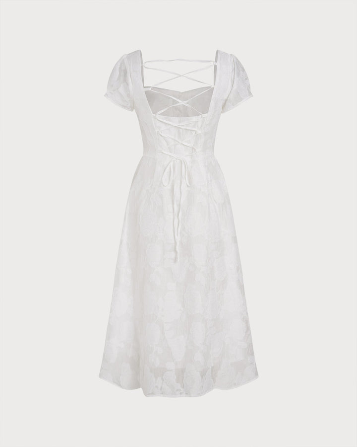 Vestido Midi Blanco con Escote Cuadrado y Cruce