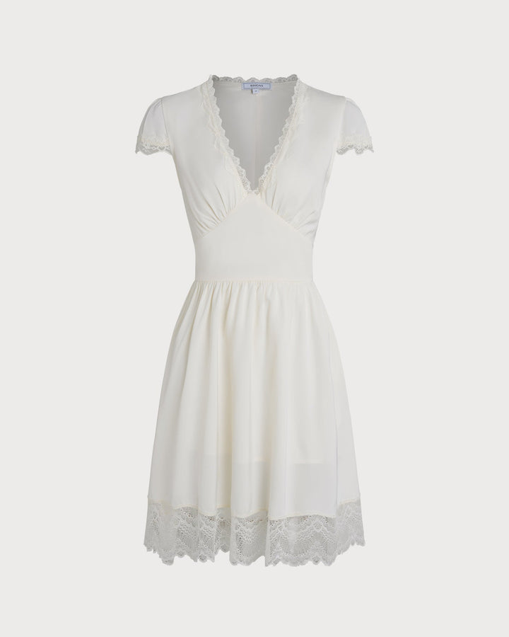 Vestido Mini de Encaje con Escote en V Color Albaricoque
